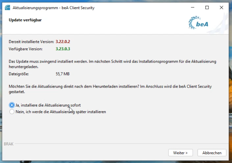 Start des Aktualisierungsprogramms mit Versionsanzeige